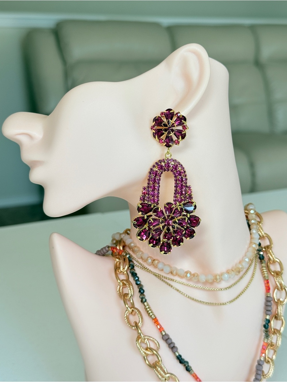 Gold-Tone Fuchsia Crystal Drop Earrings